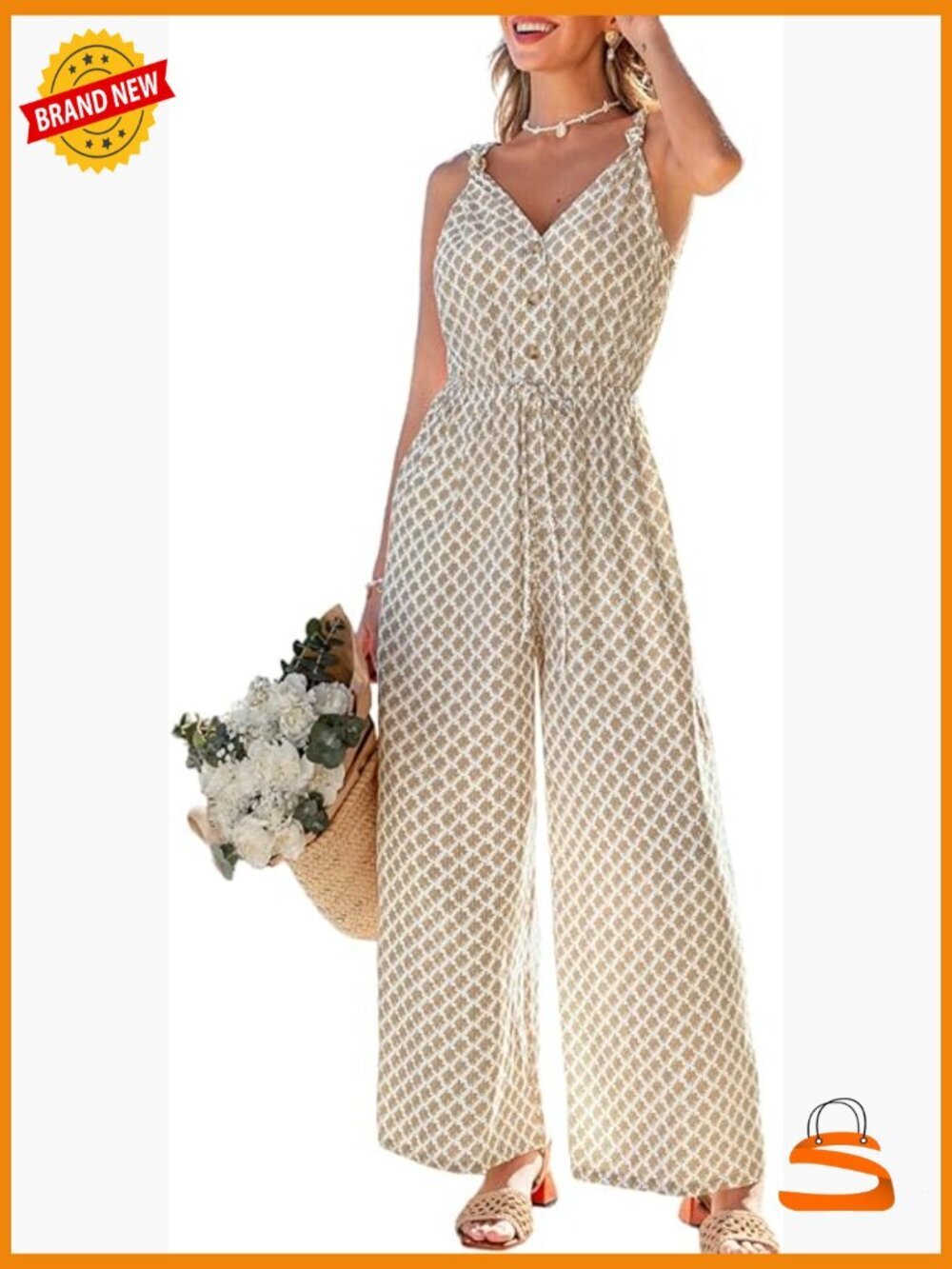 Sleeveless Printed V-Neck Wide Leg Jumpsuit with Pockets